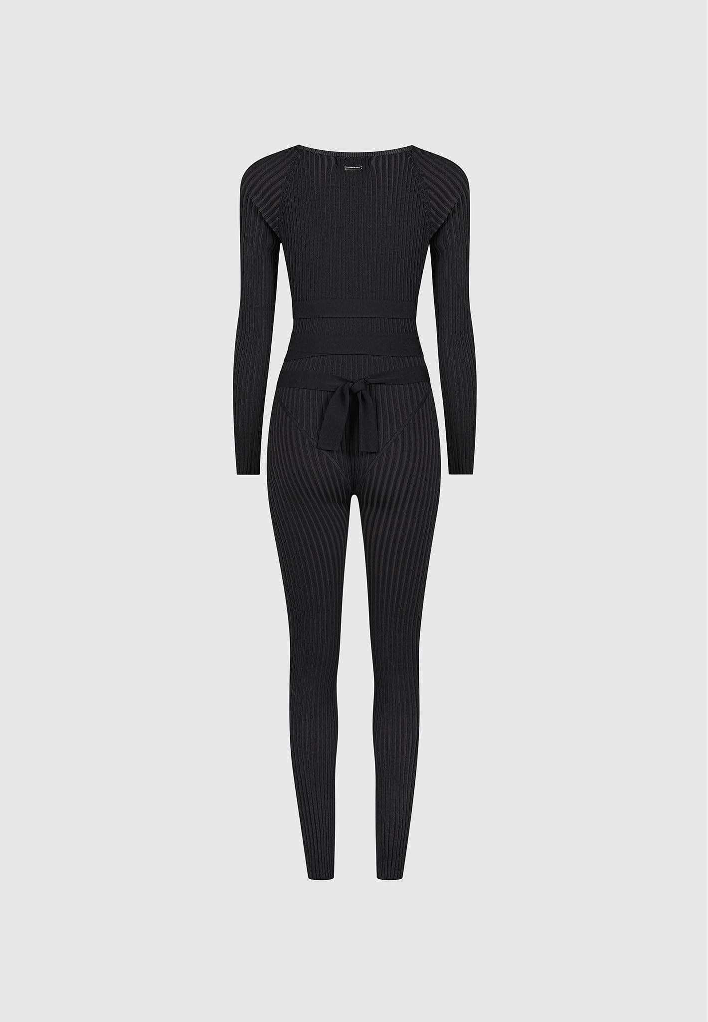 Knitted Two Tone Jumpsuit with Belt - Black Female Product Image