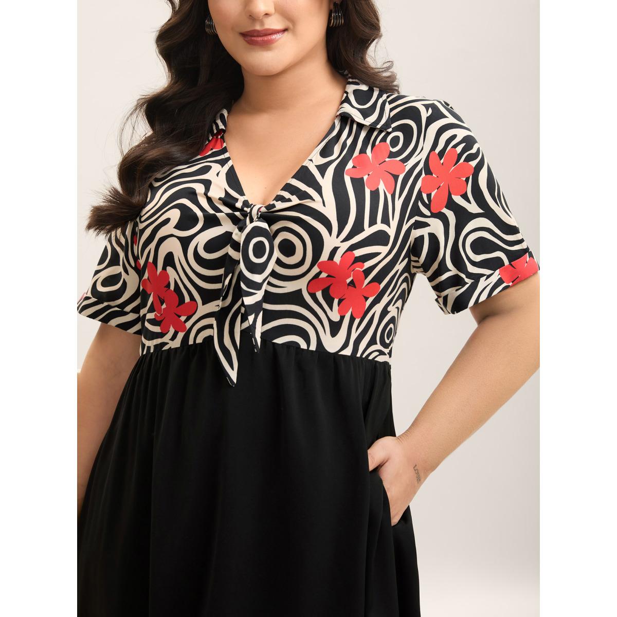 Plus Size Ribbon Collar Floral Print Contrast Midi Dress Black Women V-neck Short sleeve Curvy BloomChic 12/L Product Image