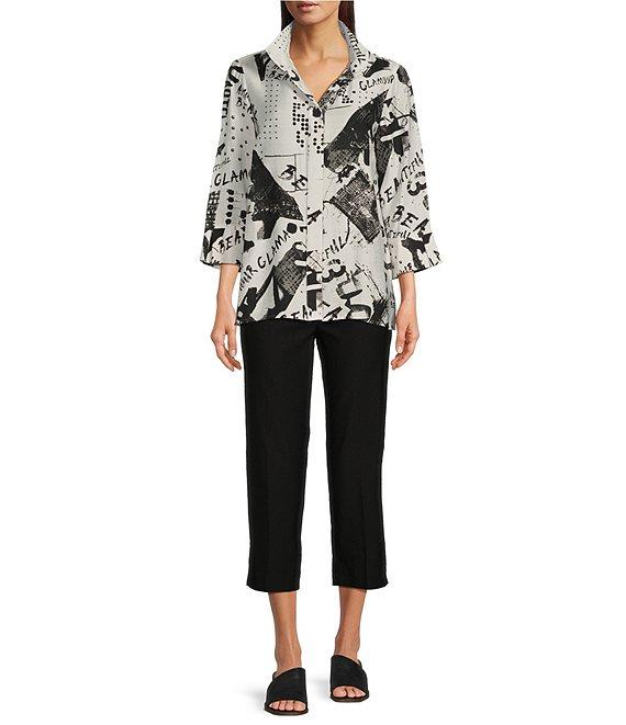 Ali Miles Black White Print Wire Collar 3/4 Sleeve Button Front Tunic Product Image