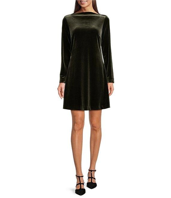Alex Marie Ilana Stretch Velvet High Boat Neck Long Sleeve A-Line Mini Dress Product Image