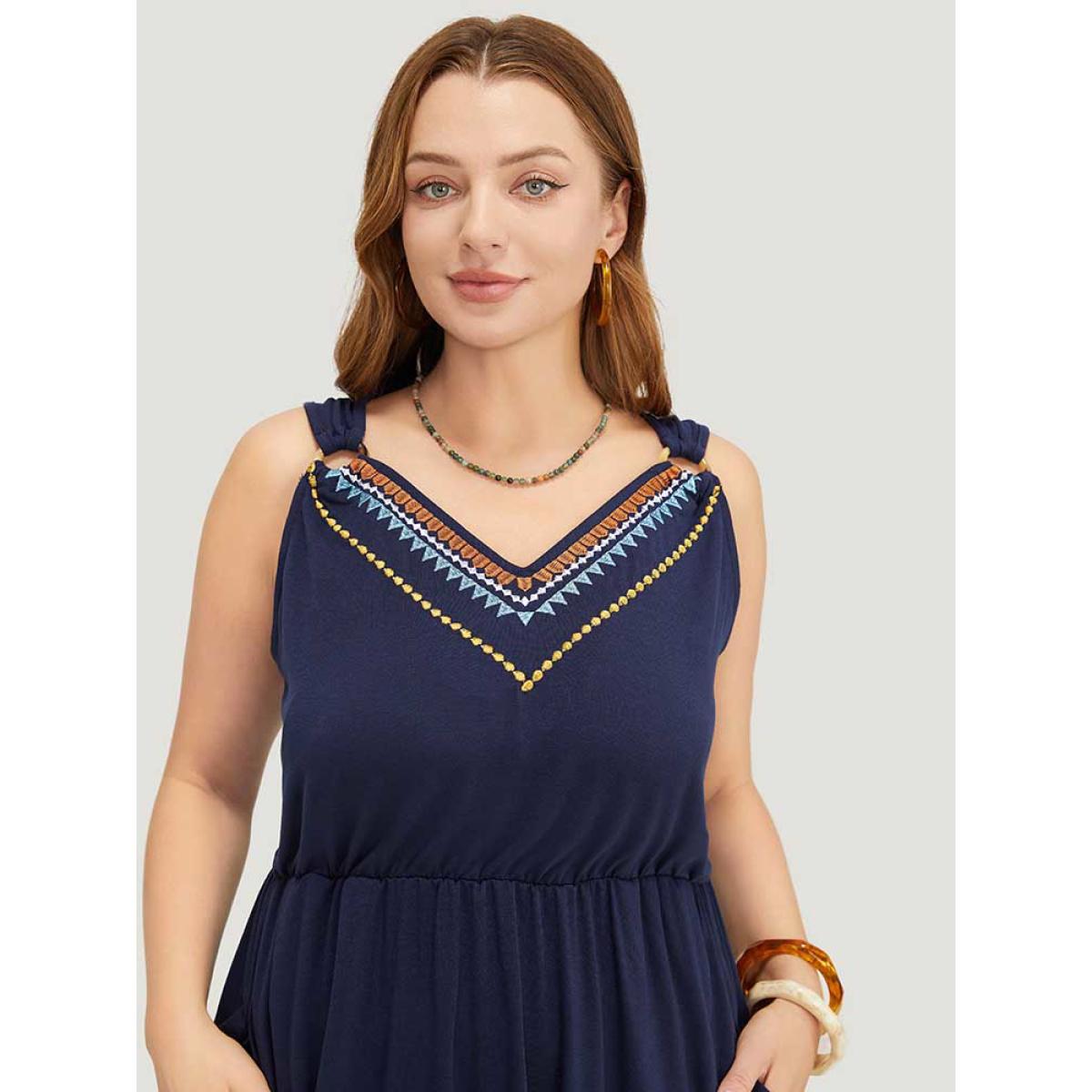 Plus Size Geometric Embroidered Buckle Detail Pocket Ruffle Hem Cami Dress Indigo Women Vacation Embroidered V-neck Sleeveless Curvy Midi Dress BloomChic 18-20/2X Product Image
