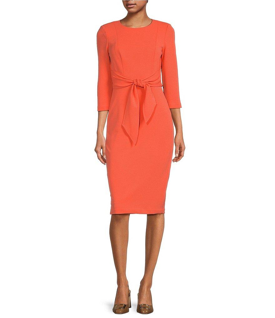 Adrianna Papell Stretch Crepe Crew Neck Tie Waist 3/4 Sleeve Midi Sheath Dress Product Image