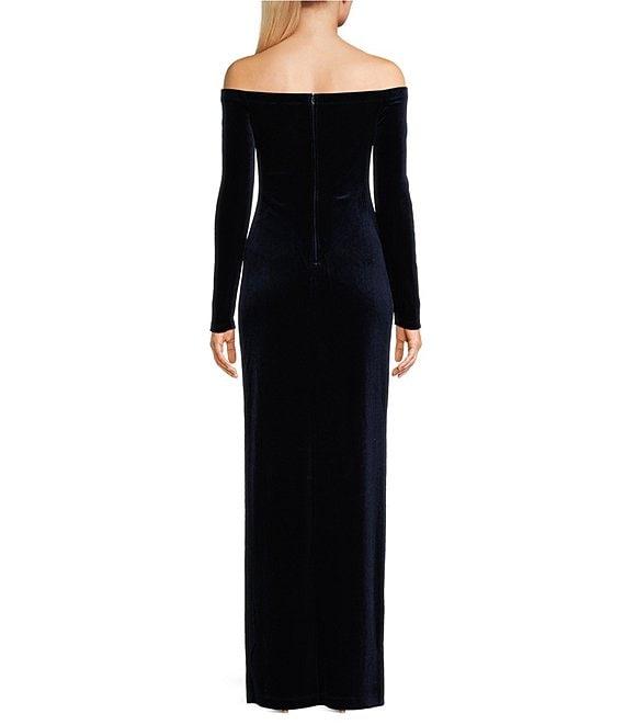 Pear Culture Velvet Long Sleeve Off-The-Shoulder Slim Long Dress Product Image