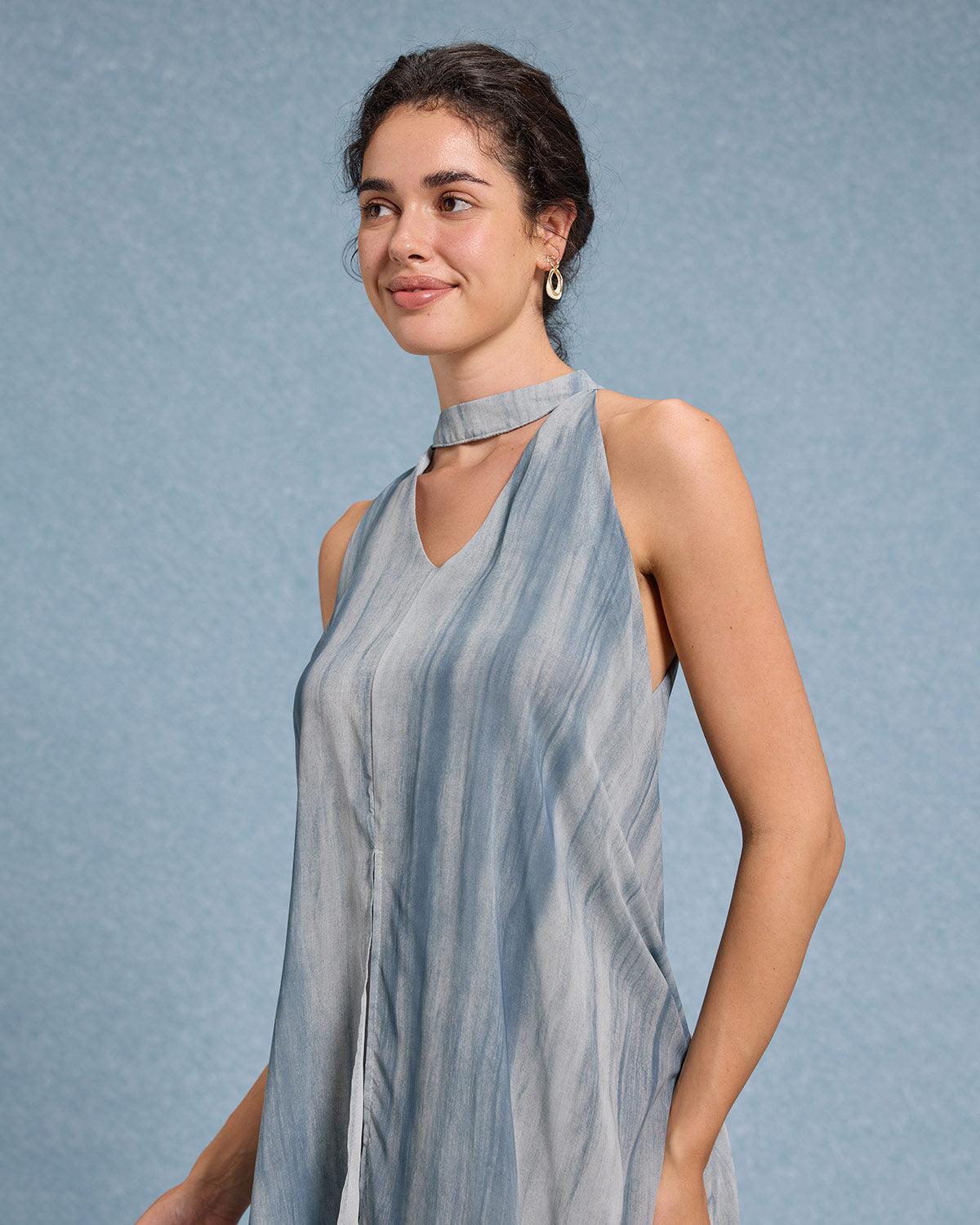 Green Tie Dye V Neck Sleeveless Midi Dress Product Image