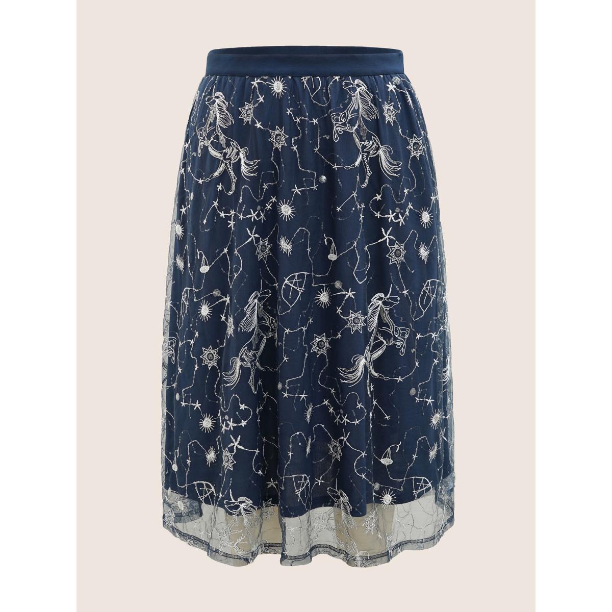 Plus Size Star Embroidered Patchwork Mesh Pocket Skirt Women DarkBlue Resort See through Loose No stretch Slanted pocket Vacation Skirts BloomChic 22-24/3X Product Image