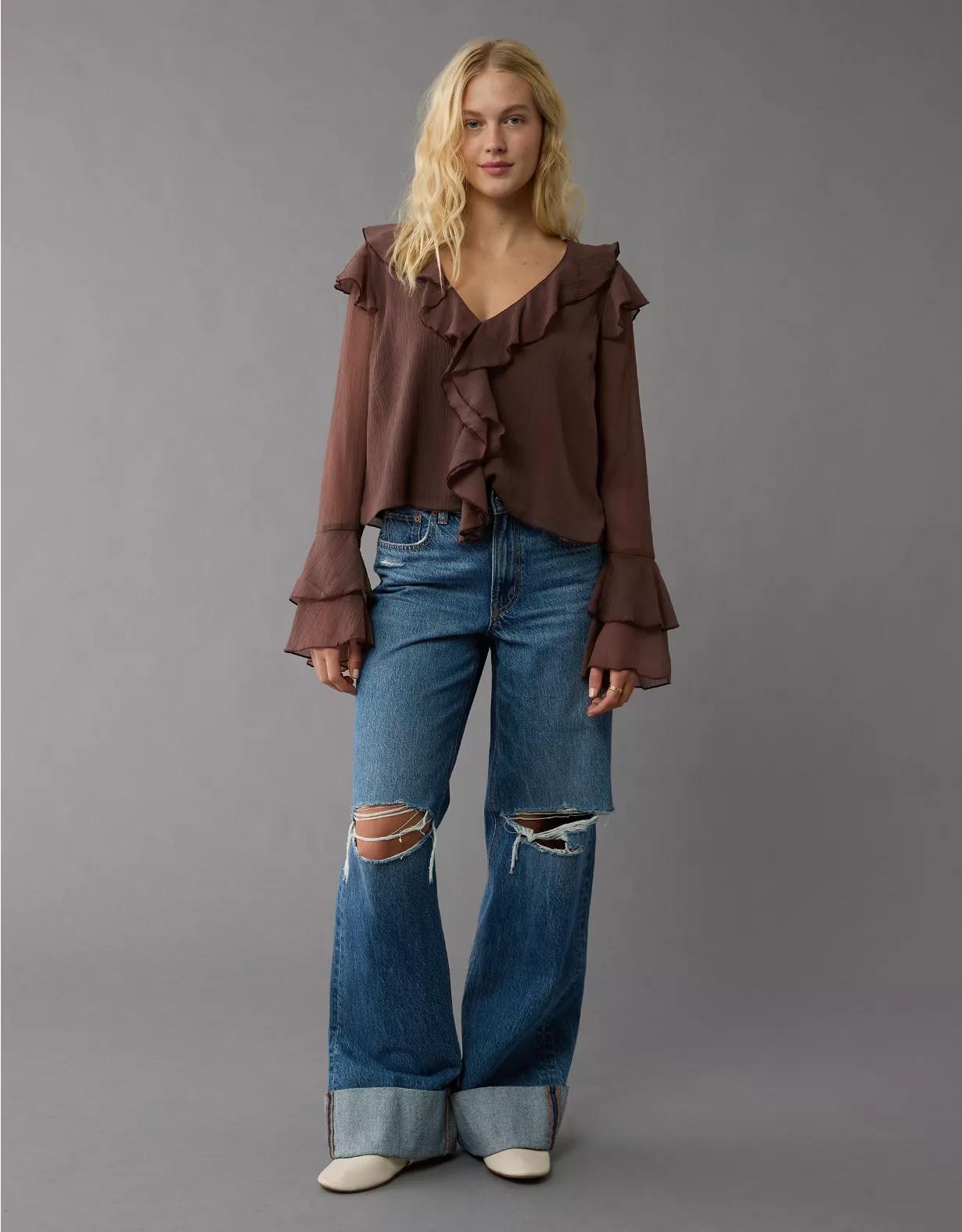 AE Long-Sleeve Chiffon Ruffle Blouse Product Image