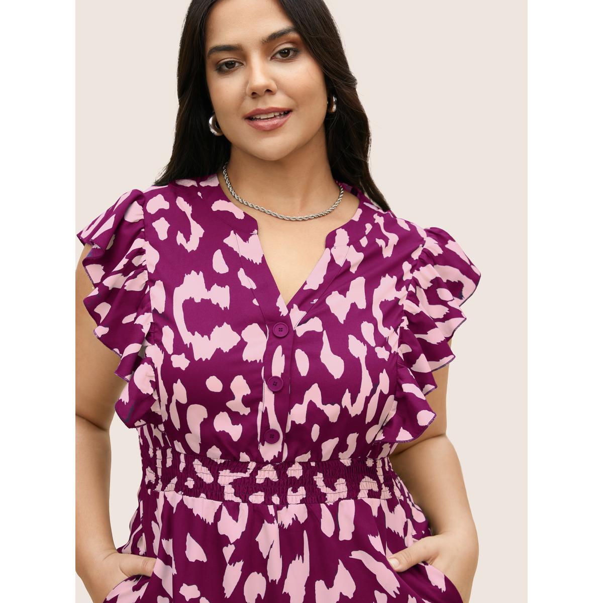 Plus Size Notched Leopard Print Cap Sleeve Ruffles Dress Deeppurplered Women At the Office Notched collar Cap Sleeve Curvy BloomChic 22-24/3X Product Image