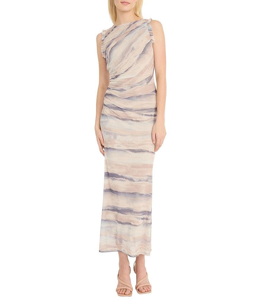 Donna Morgan Power Mesh Multi Print Boat Neck Sleeveless Sheath Midi Dress Product Image