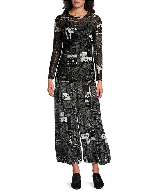 IC Collection Mesh Newspaper Print Round Neck Long Sleeve Top Product Image