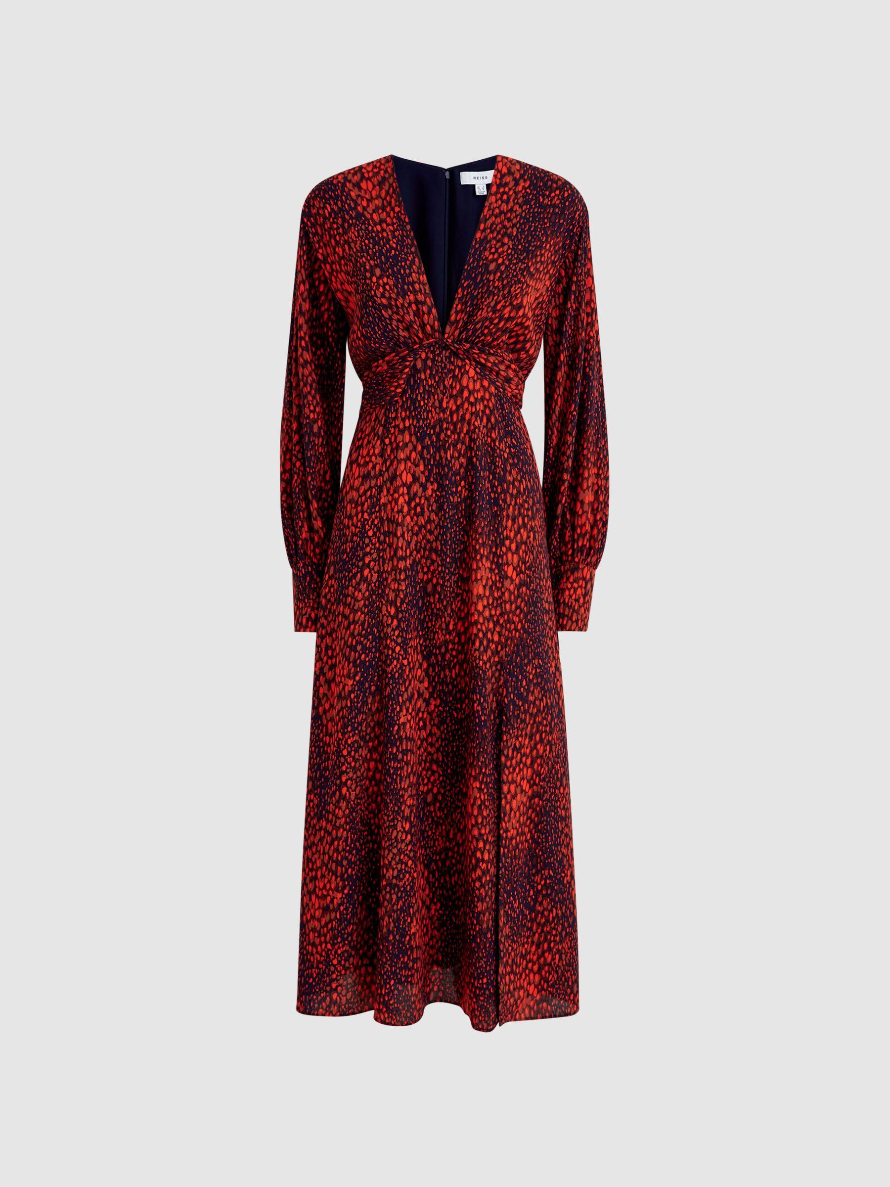 Animal Print Blouson Sleeve Midi Dress in Red Product Image