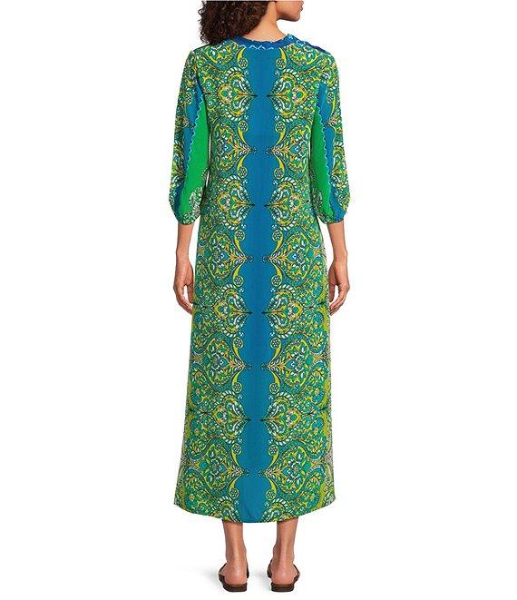 JOHNNY WAS Kahinu Silk Ornate Print V-Neck 3/4 Sleeve Maxi Caftan Dress Product Image