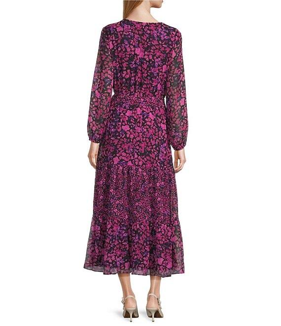 Kasper Floral Chiffon V-Neck Long Sleeve Belted Tiered Ruffle A-Line Midi Dress Product Image
