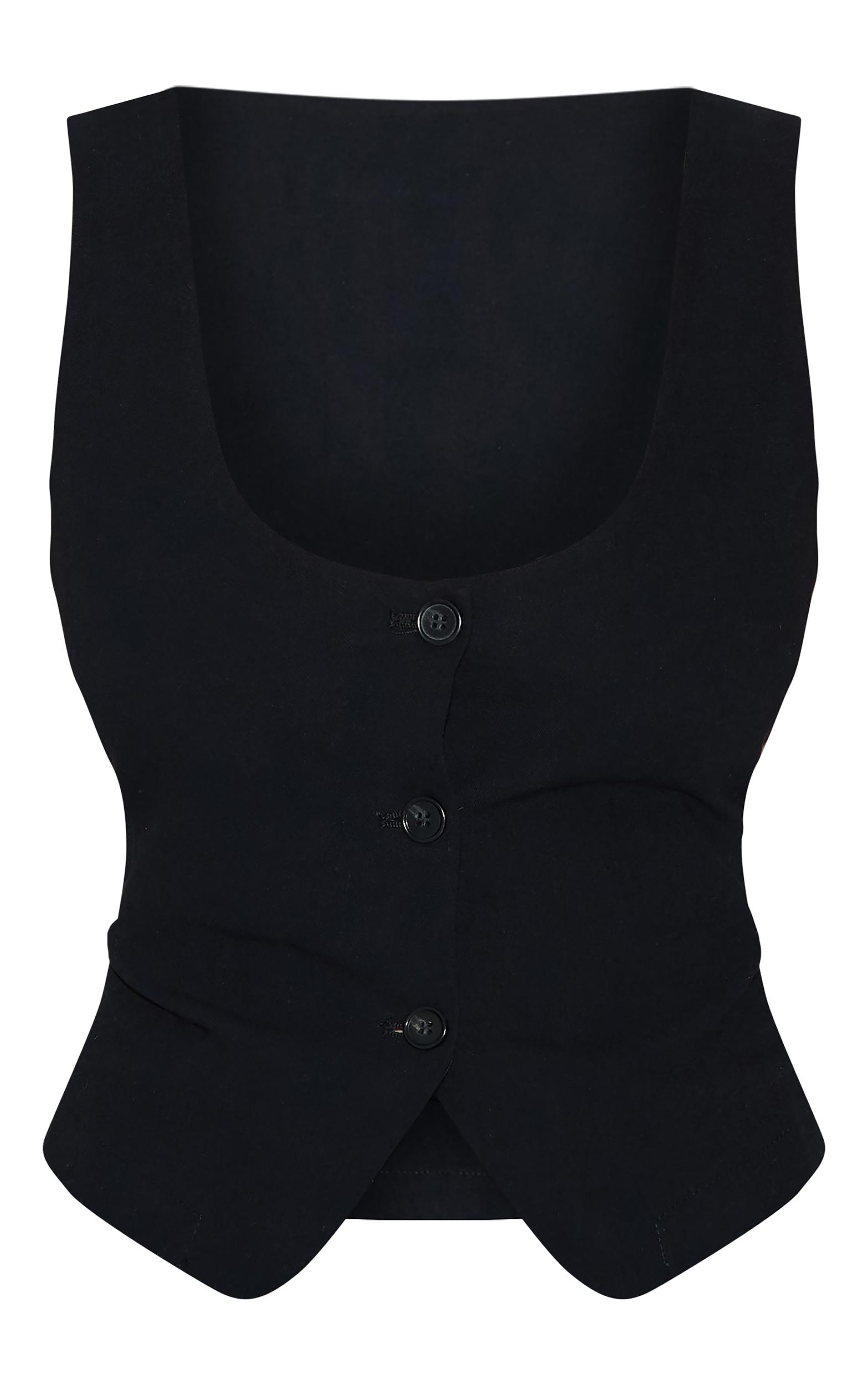 Black Linen Look Tailored Scoop Neck Fitted Vest Product Image