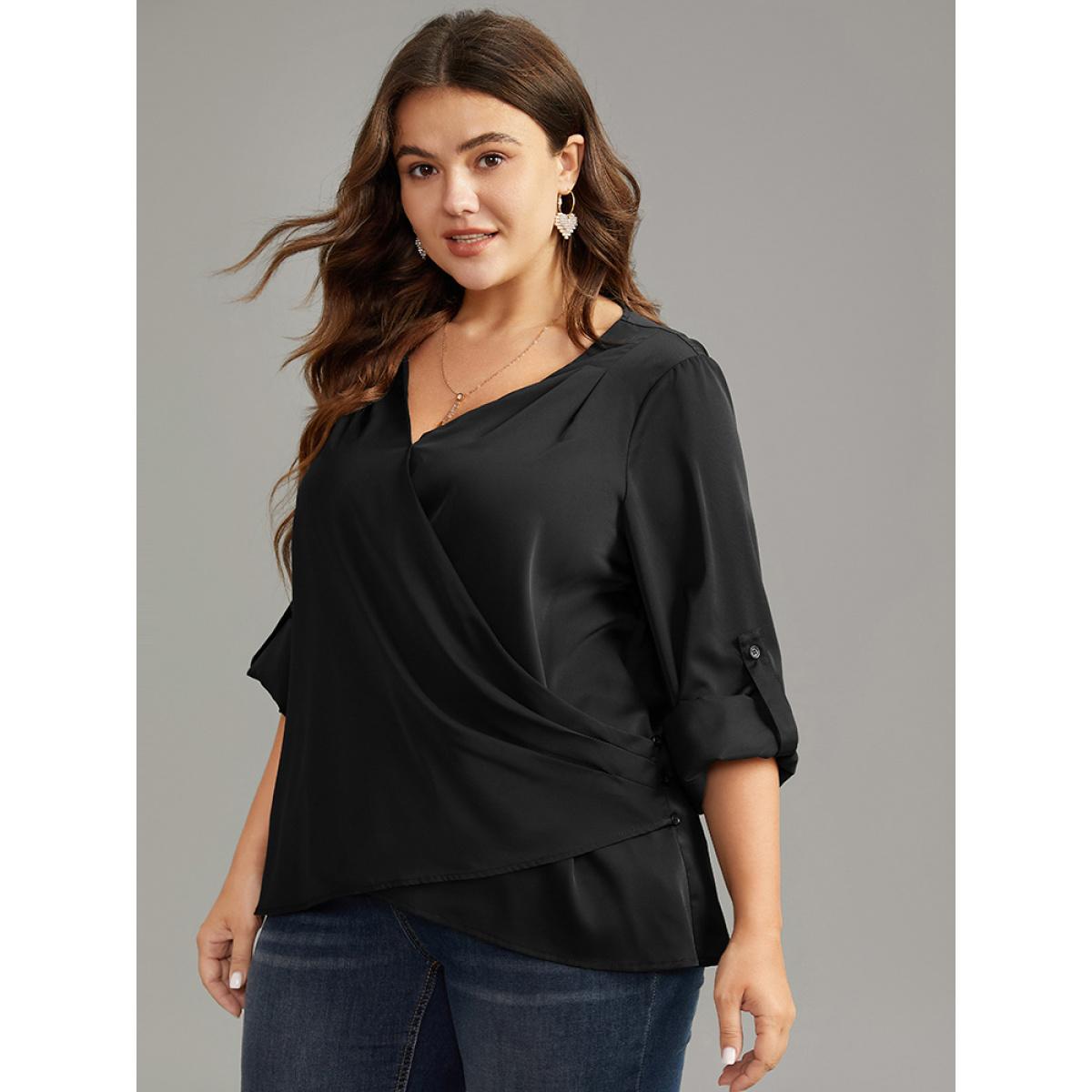 Plus Size Black Plain Tab Sleeve Wrap Pleated Blouse Women Work From Home Long Sleeve V-neck Office Blouses BloomChic 26/4X Product Image