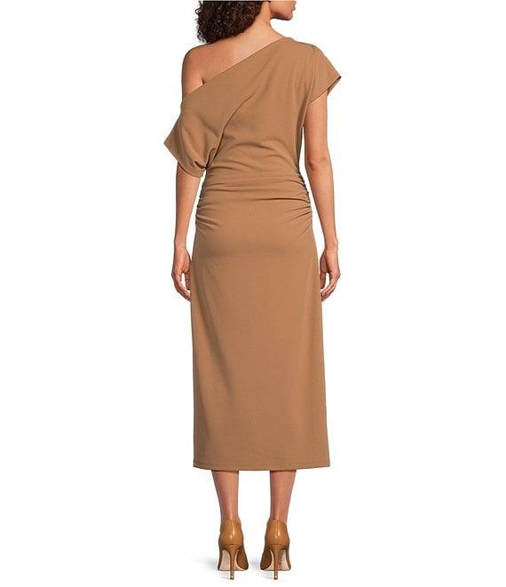 Gibson & Latimer Crepe Knit Asymmetric Neck One Shoulder Off-the-Shoulder Short Sleeve Ruched Sheath Midi Dress Product Image