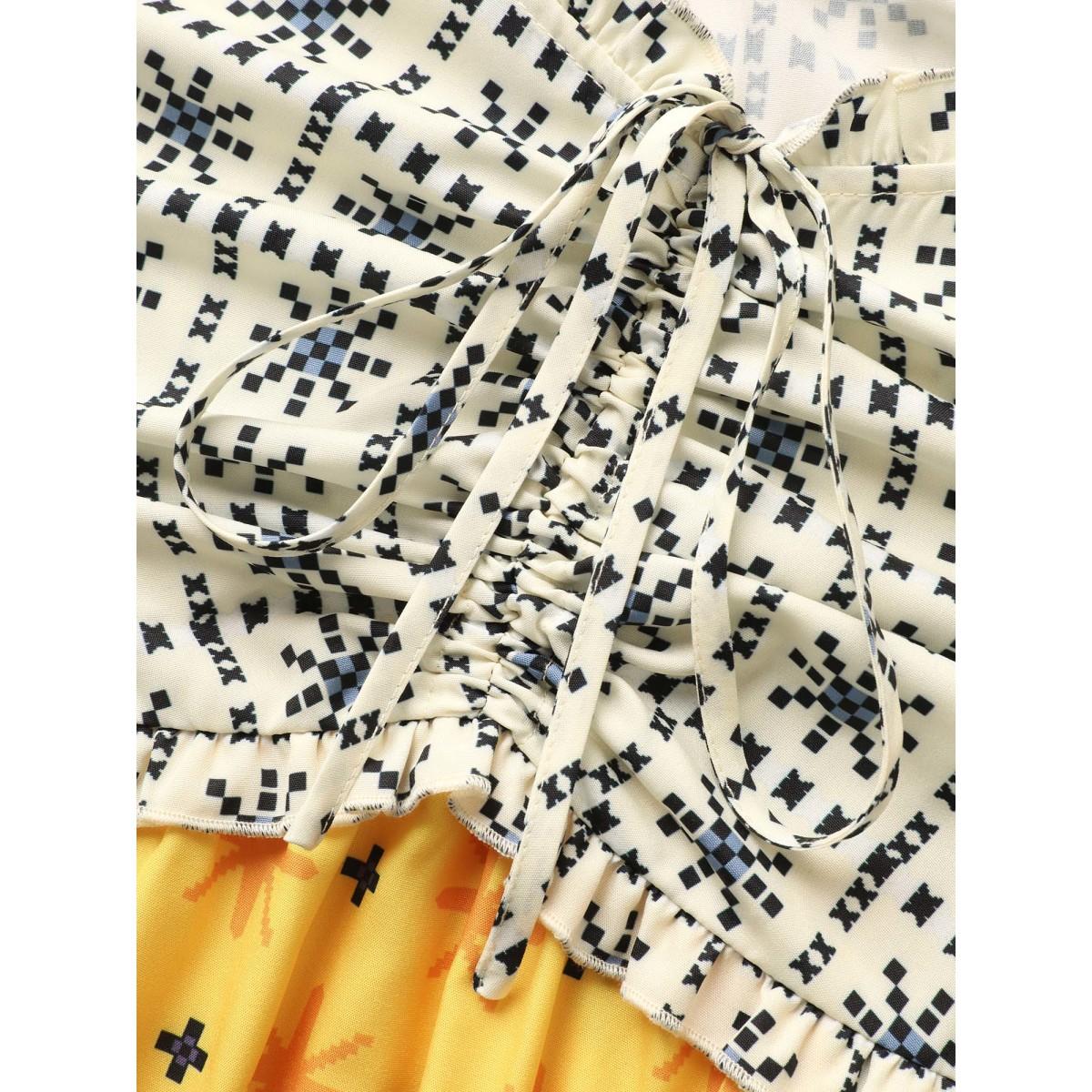 Plus Size Tropical Print Drawstring Frill Trim Dress Lightorange Women Resort Frill Trim Heart neckline Sleeveless Curvy BloomChic 28/5X Product Image