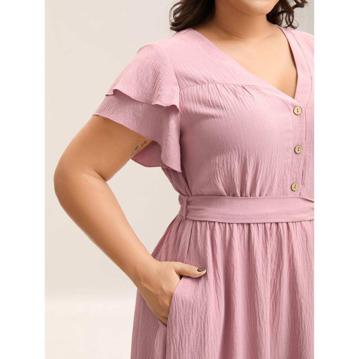 Plus Size Layered Ruffled Sleeve Fake Placket Midi Dress Blush Women V-neck Cap Sleeve Curvy BloomChic 12/L Product Image