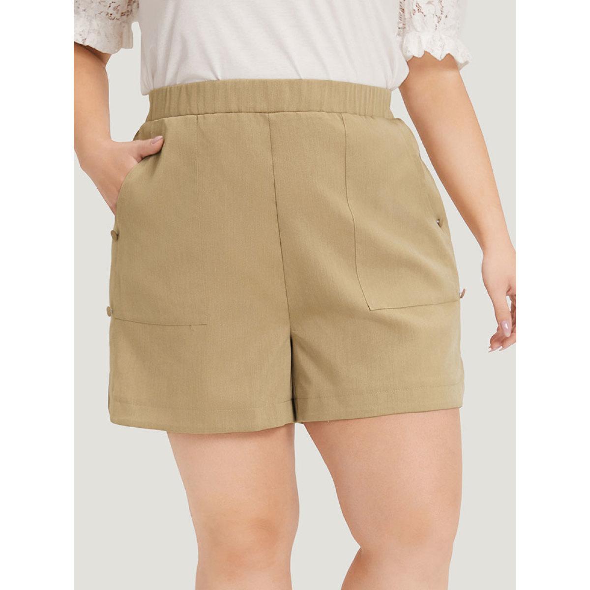 Plus Size Plain Slant Pocket Curved Hem Button Detail Shorts Women LightBrown Elegant Plain Dailywear Shorts BloomChic 22-24/3X Product Image