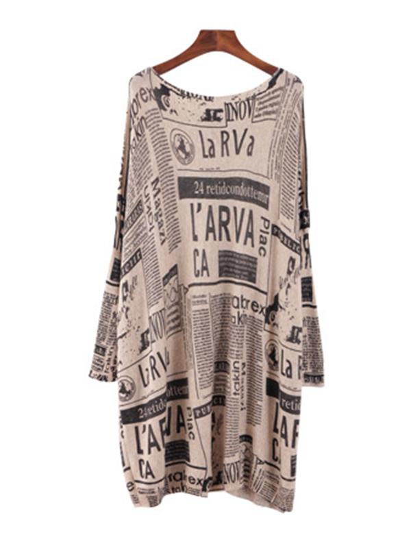 Vintage Loose One-Shoulder Newspaper Printed Split-Joint Sweater Product Image