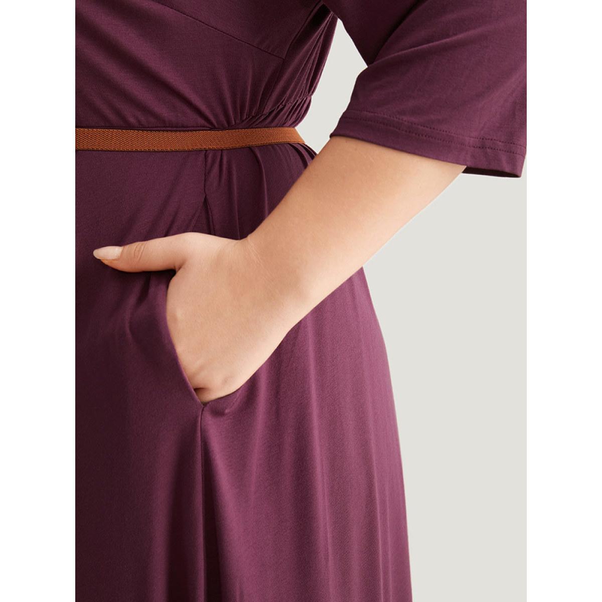 Plus Size Asymmetrical Button Detail Ruffle Hem Dress Purple Women Office Plain V-neck Elbow-length sleeve Curvy Midi Dress BloomChic 26/4X Product Image