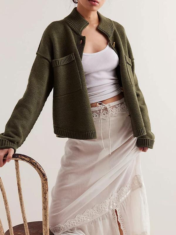 Long Sleeves Loose Buttoned Pockets Solid Color Split-Joint Stand Collar Cardigan Tops Product Image