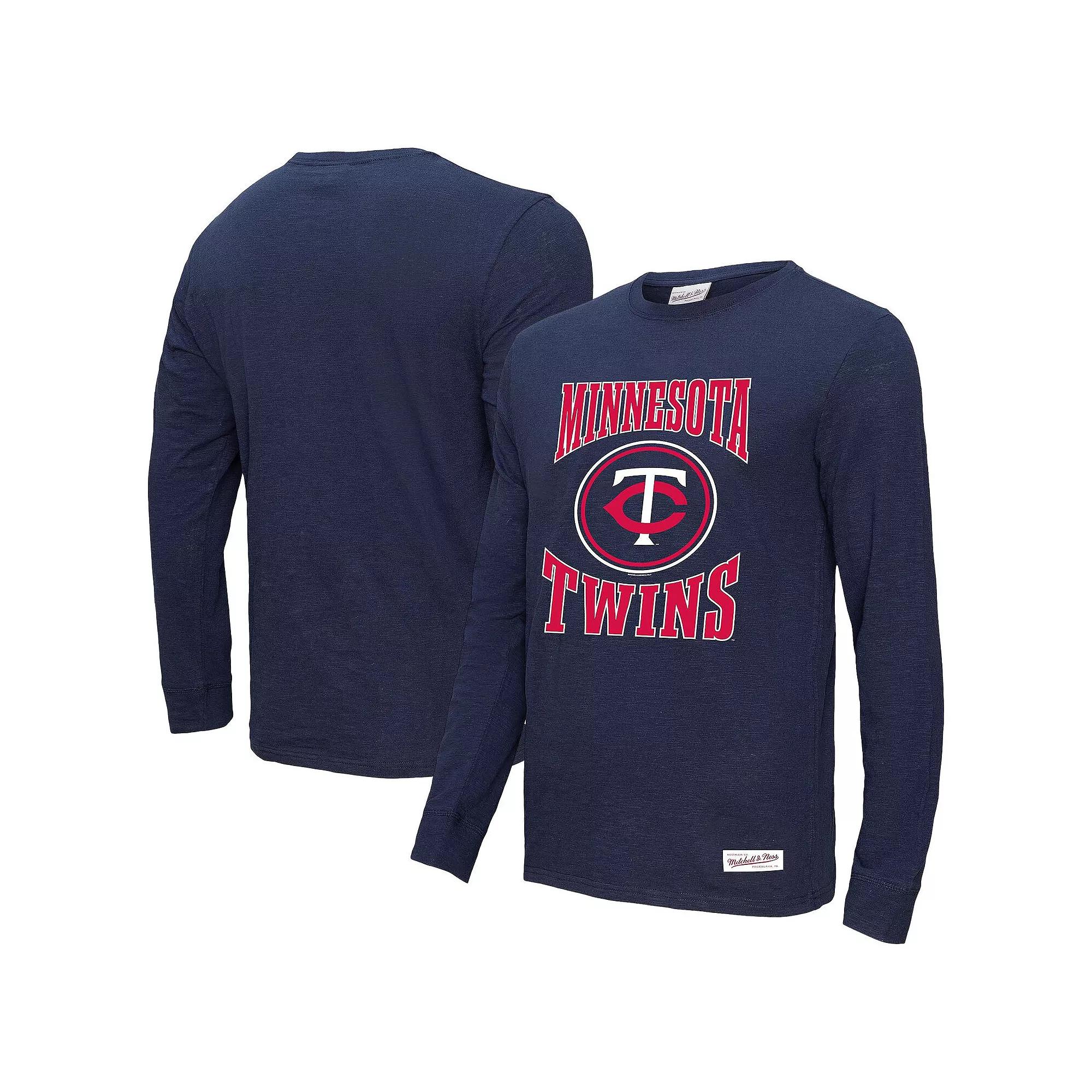 Men's Mitchell & Ness Navy Minnesota Twins Arched Logo Slub Long Sleeve T-Shirt,  Product Image