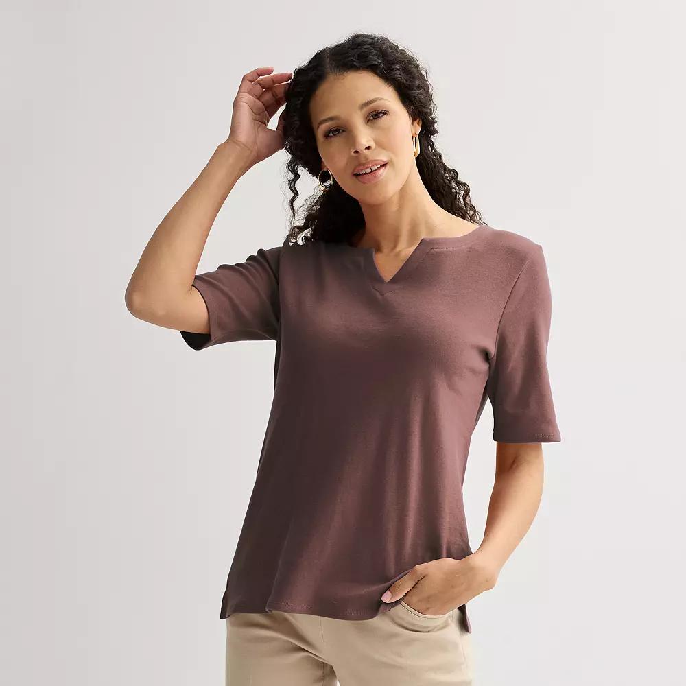Petite Croft & Barrow® Elbow Sleeve Splitneck Top, Women's,  Product Image