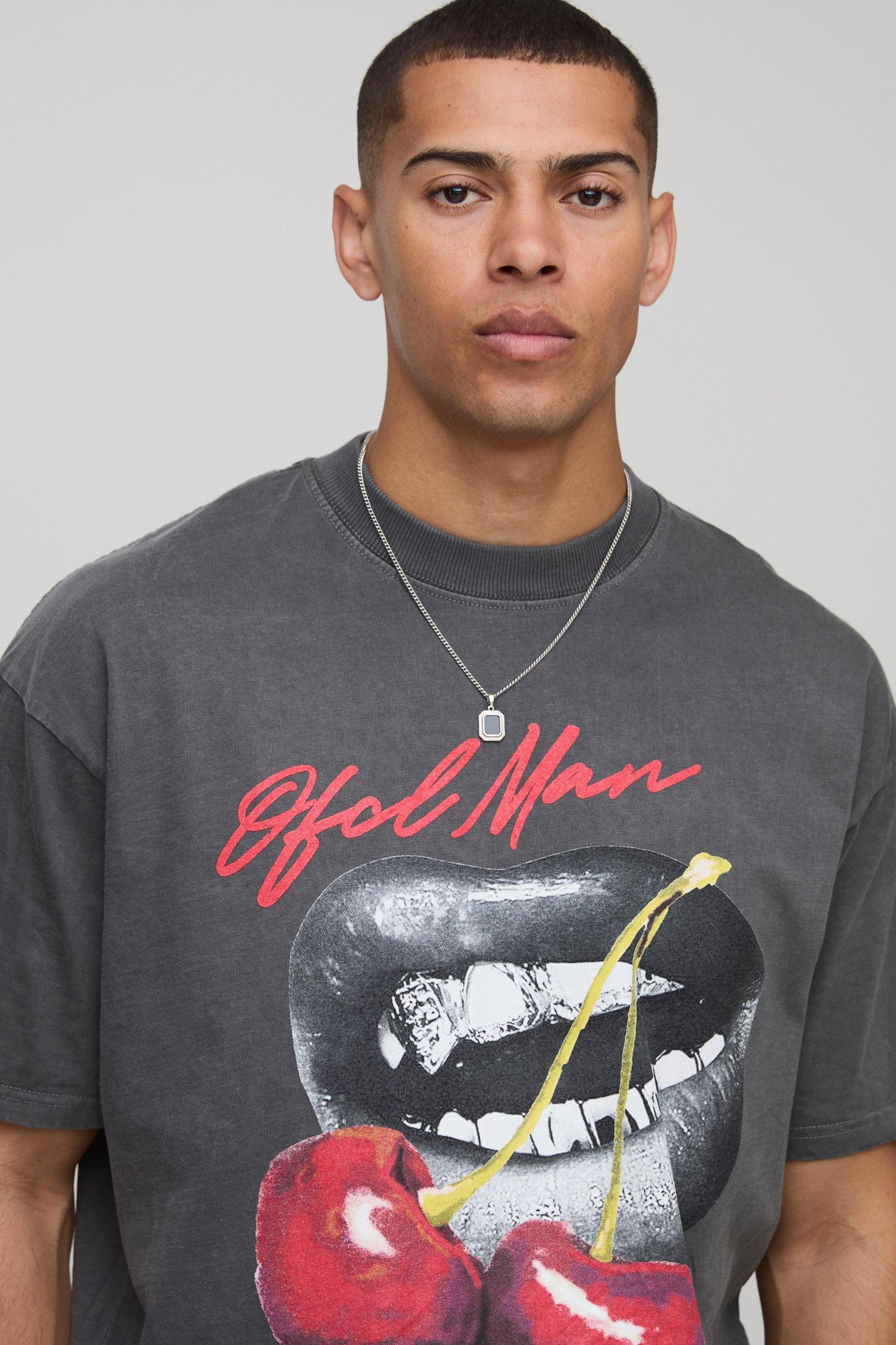 Charcoal Oversized Extended Neck Washed Cherry Lips Graphic T-Shirt | boohooMAN USA Product Image