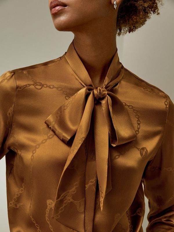Jacquard-wave Silk Blouse with Bow Product Image