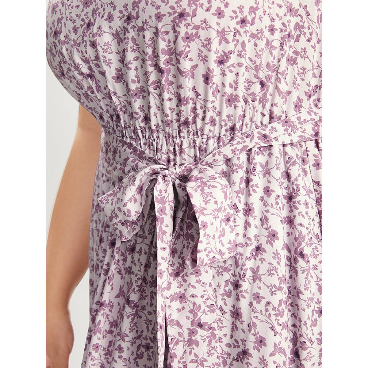 Plus Size Ditsy Floral Keyhole Pocket Belted Mock Neck Ruffles Dress Lavender Women Elegant Pocket Mock Neck Sleeveless Curvy Midi Dress BloomChic 22-24/3X Product Image