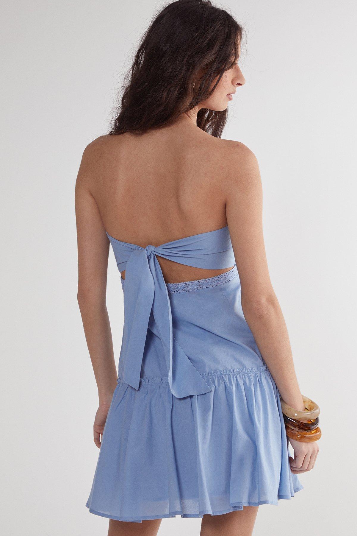 Cotton Embroidered Lace Insert Bandeau Tie Back Mini Dress Product Image