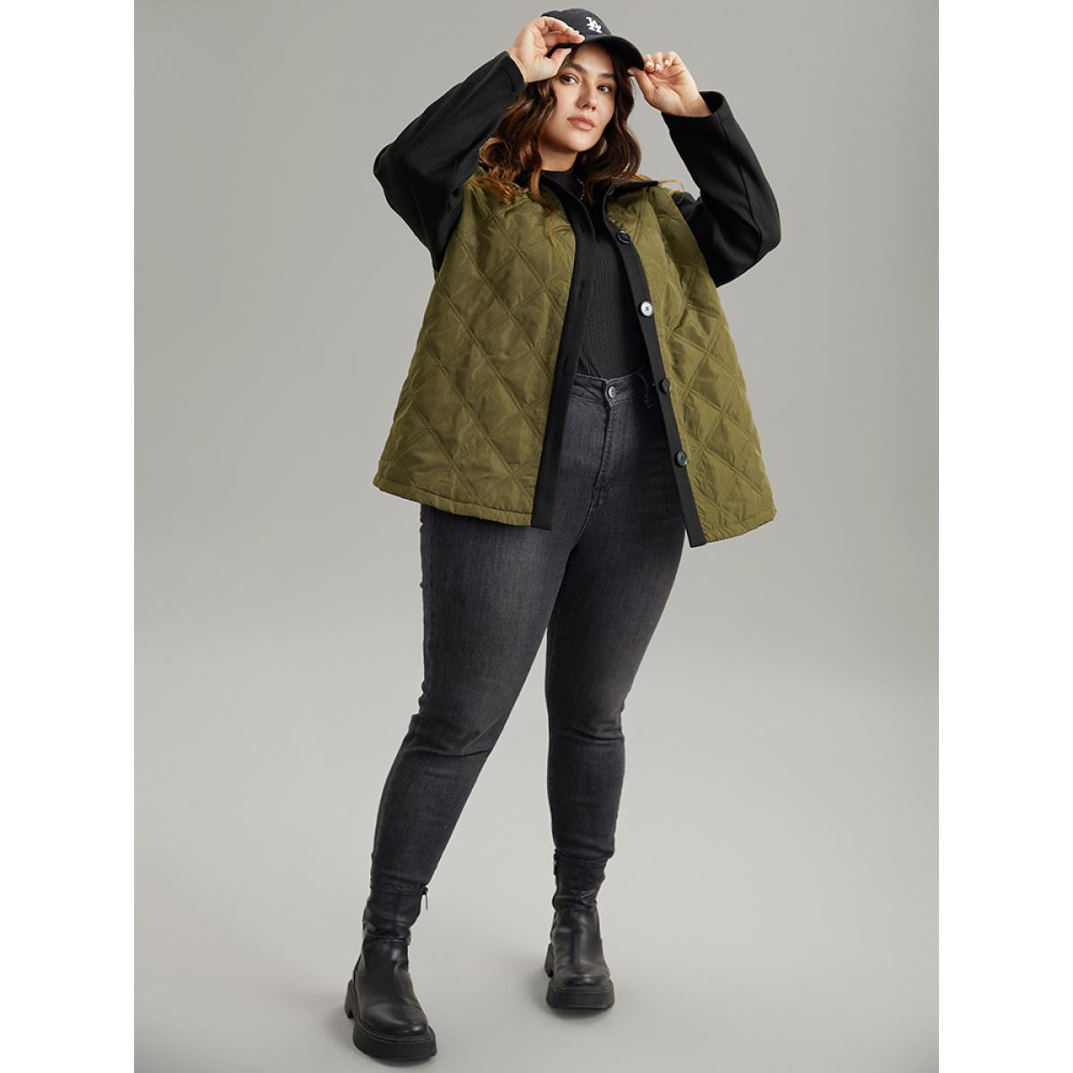 Plus Size Contrast Patchwork Quilted Button Up Jacket Women ArmyGreen Casual Texture Ladies Dailywear Winter Coats BloomChic 18-20/2X Product Image