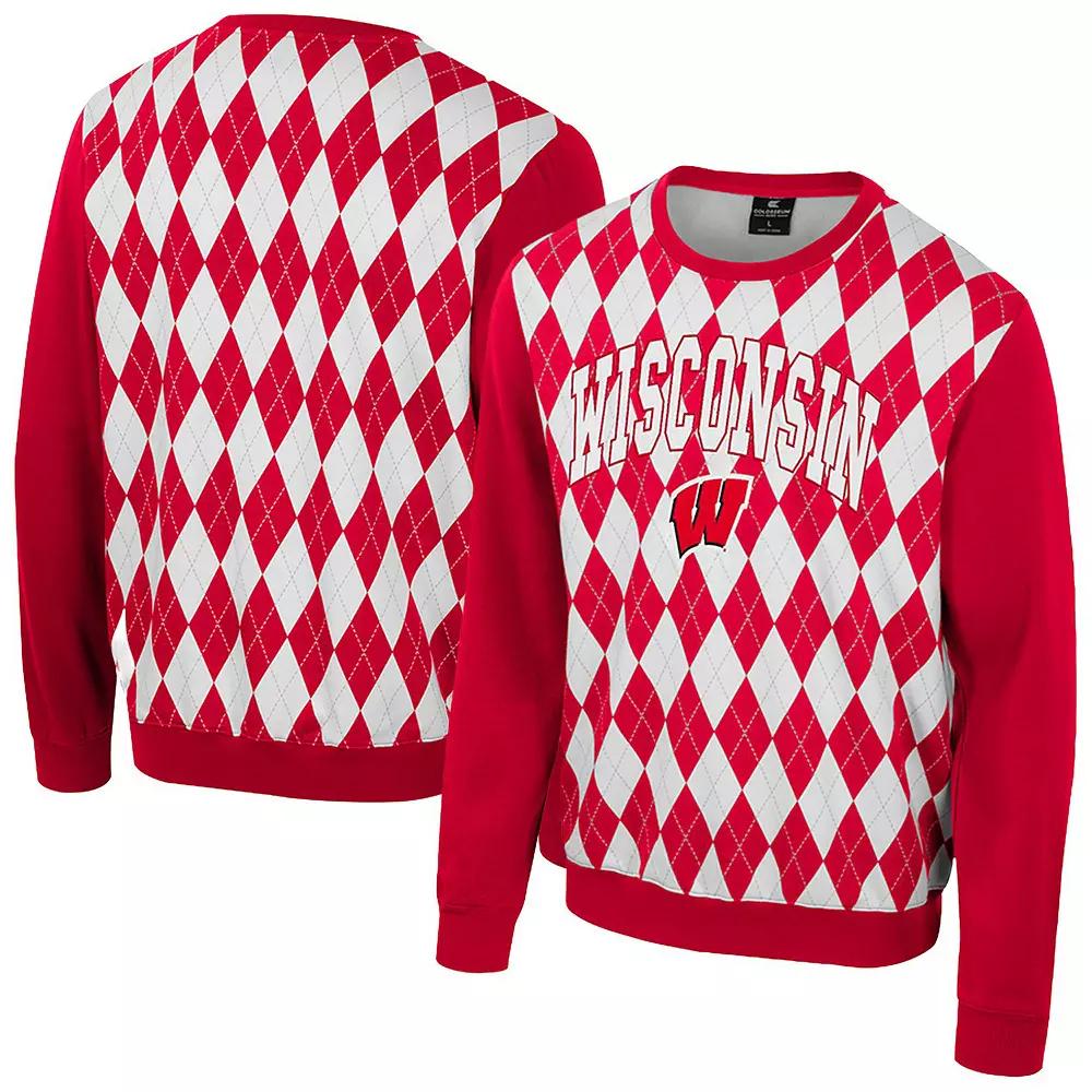 Men's Colosseum Red Wisconsin Badgers The Dealio Argyle Pullover Sweatshirt, Size: Medium Product Image