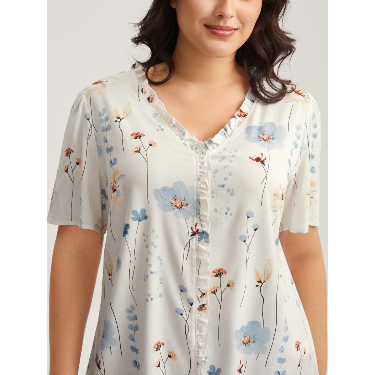 Plus Size Originalwhite Floral Print Ruffled Placket Blouse Women Short sleeve Non Everyday-Casual Blouses BloomChic 14-16/1X Product Image