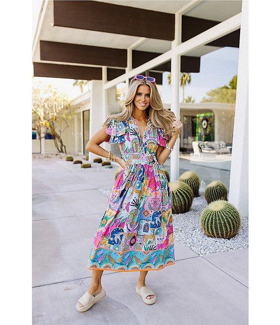 J.Marie Sloane Abstract Print V-Neck Short Sleeve Bow Midi A-Line Dress Product Image