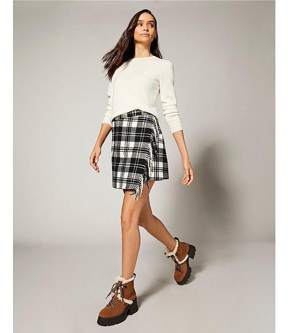 Antonio Melani Georgie Woven Brushed Plaid Fringe High Rise Wrap Front Mini A-Line Skirt Product Image