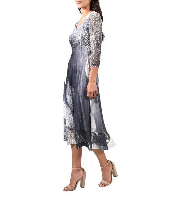 Komarov Lace Pleated Print Charmeuse V-Neck 3/4 Sleeve Midi Dress Product Image