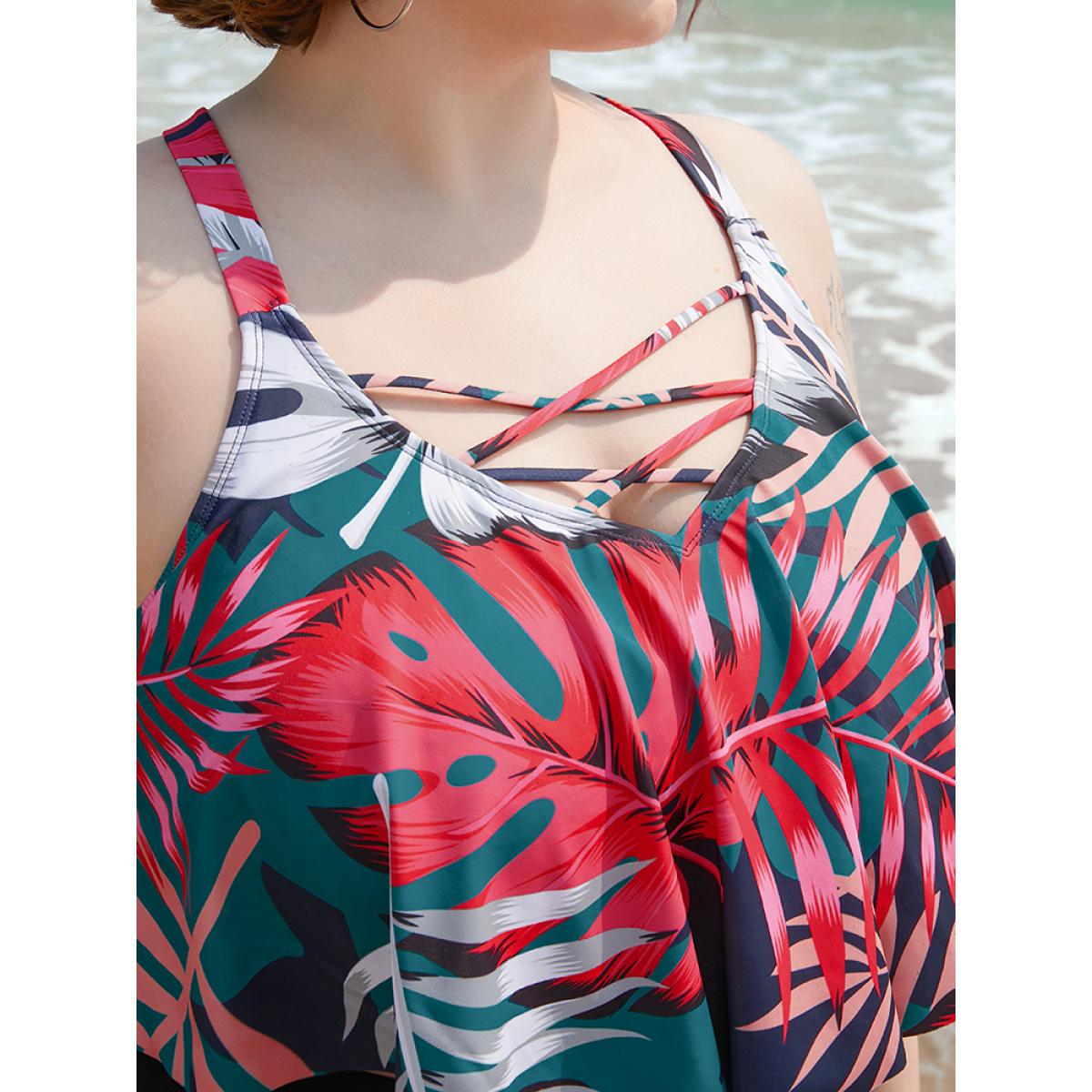 Plus Size Leaf Print Contrast Ruffle Crisscross Front Tankini Top Women's Swimwear Indigo Vacation Adjustable Straps High stretch Bodycon V-neck Curve Swim Tops BloomChic 28/5X Product Image