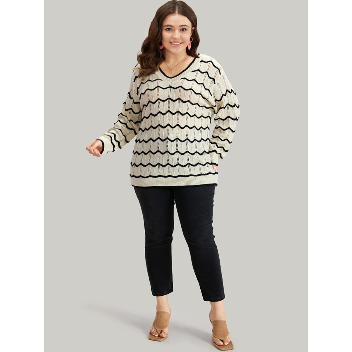 Plus Size Striped Drop Shoulder Cut Out Bodycon Pullover Beige Women Casual Bodycon Long Sleeve V-neck Everyday Pullovers BloomChic 18-20/2X Product Image