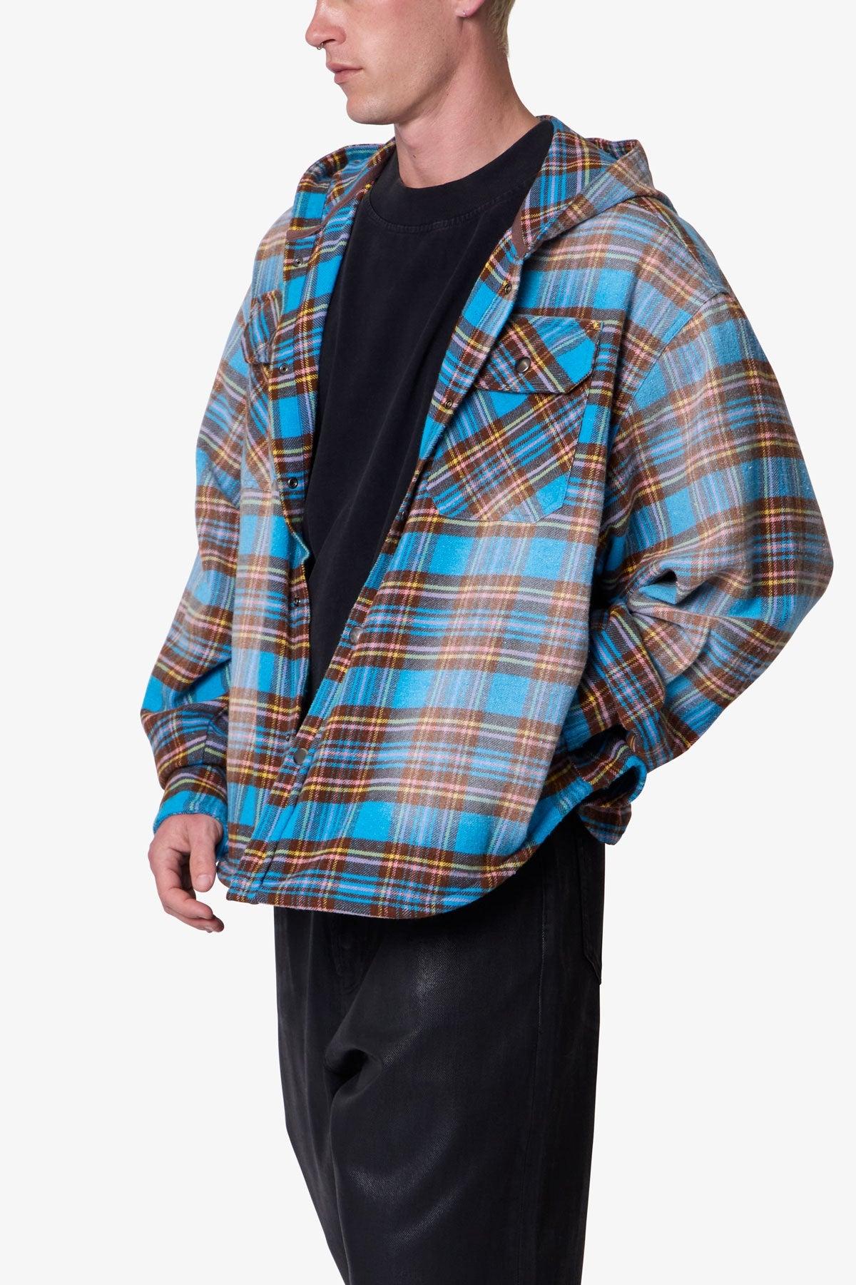 Faded Hooded Flannel Shirt - Washed Blue Product Image