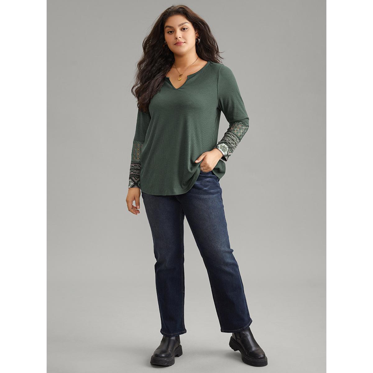 Plus Size Boho Print Texture Notched Patchwork Lace T-shirt ArmyGreen Women Casual Texture Bohemian Print Notched collar Dailywear T-shirts BloomChic 10/M Product Image