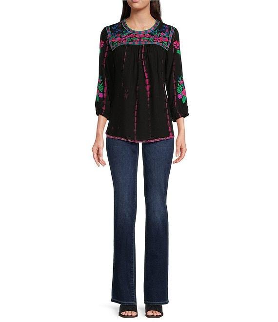 Calessa Embroidered Tie-Dye Patchwork Print Crew Neck 3/4 Sleeve Tunic Product Image