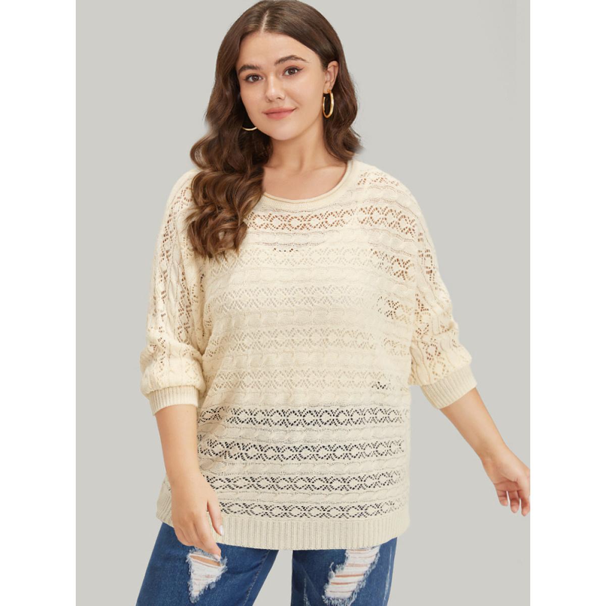 Plus Size Plisse Eyelet Dolman Sleeve Elastic Cuffs Pullover Beige Women Casual Loose Long Sleeve Round Neck Dailywear Pullovers BloomChic 22-24/3X Product Image