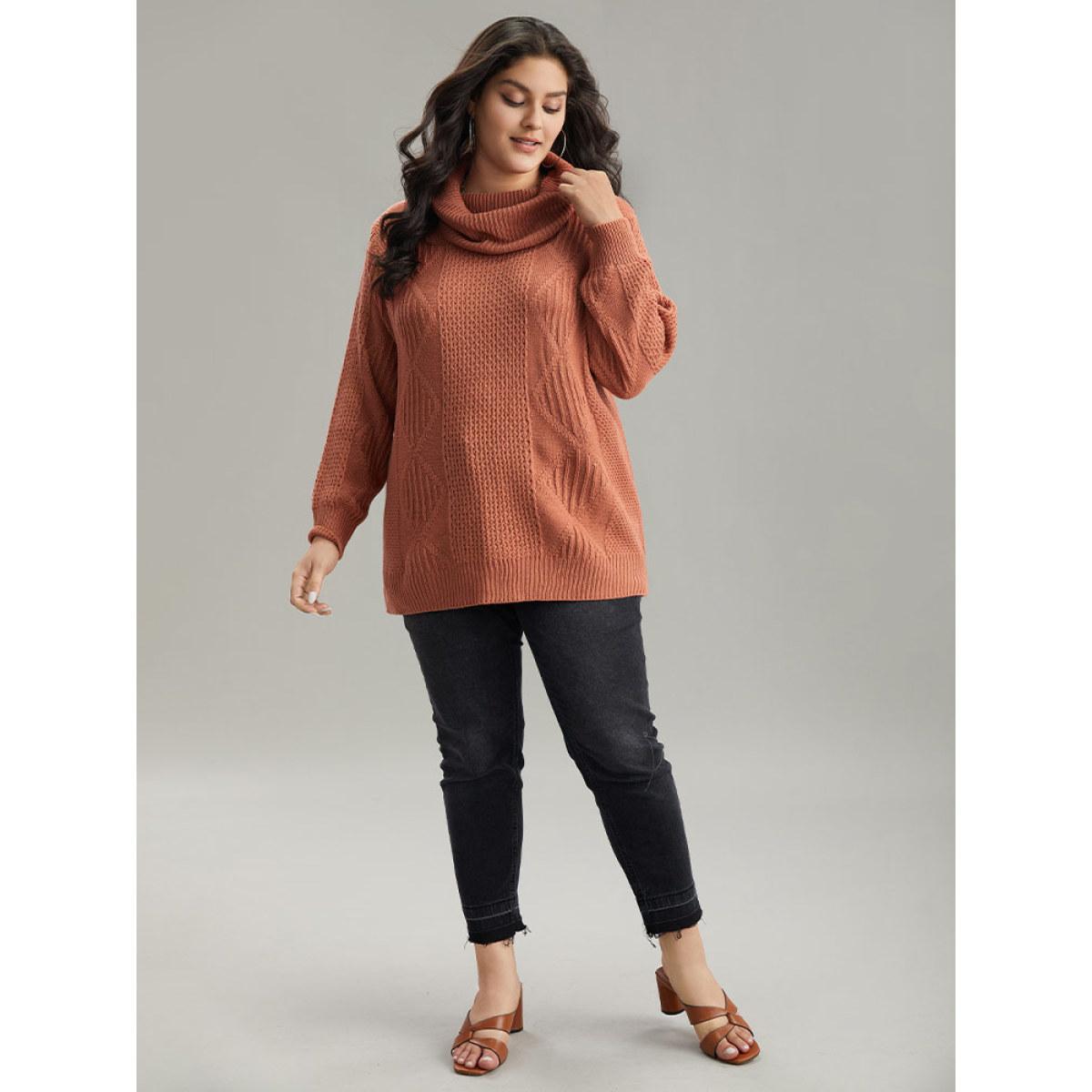 Plus Size Plain Plisse Turtle Neck Loose Pullover Coral Women Casual Loose Long Sleeve Turtleneck Dailywear Pullovers BloomChic 12/L Product Image
