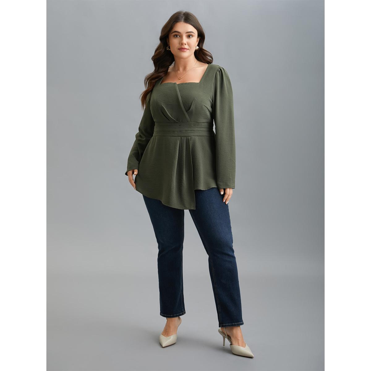 Plus Size ArmyGreen Asymmetrical Neckline Stretchy Waist Plicated Detail Blouse Women Elegant Extra Long Sleeve Asymmetrical Neck Everyday Blouses BloomChic 30/6X Product Image