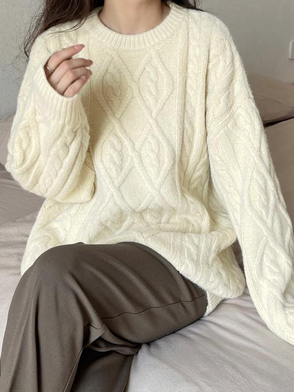 Crew Neck Cable Knit Pullover Sweater Product Image