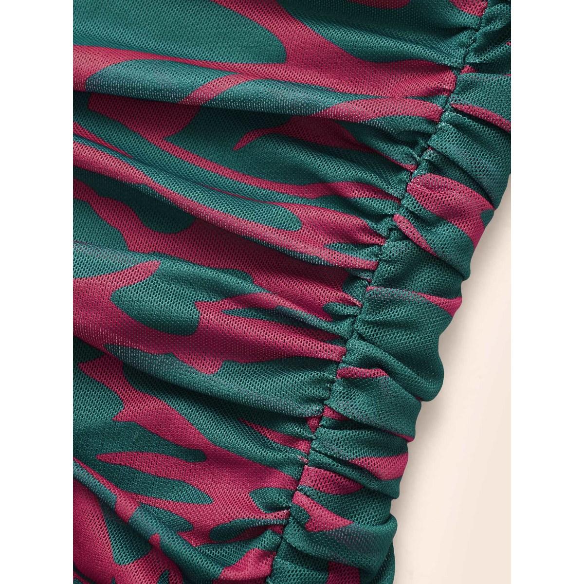 Plus Size Square Neck Geometric Mesh Ruched Dress Teal Women Elegant Texture Square Neck Long Sleeve Curvy BloomChic 30/6X Product Image