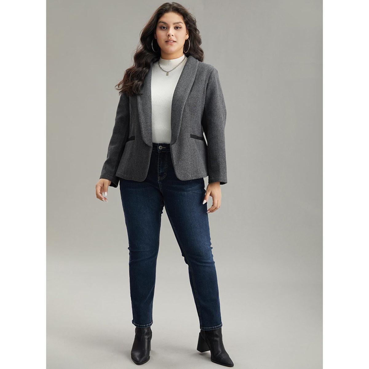 Plus Size Lapel Collar Texture Pocket Contrast Trim Blazer Gray Women Work Plain Texture Sleeve Long Sleeve Lapel Collar 18-20/2X Pocket At the Office Blazers BloomChic Product Image