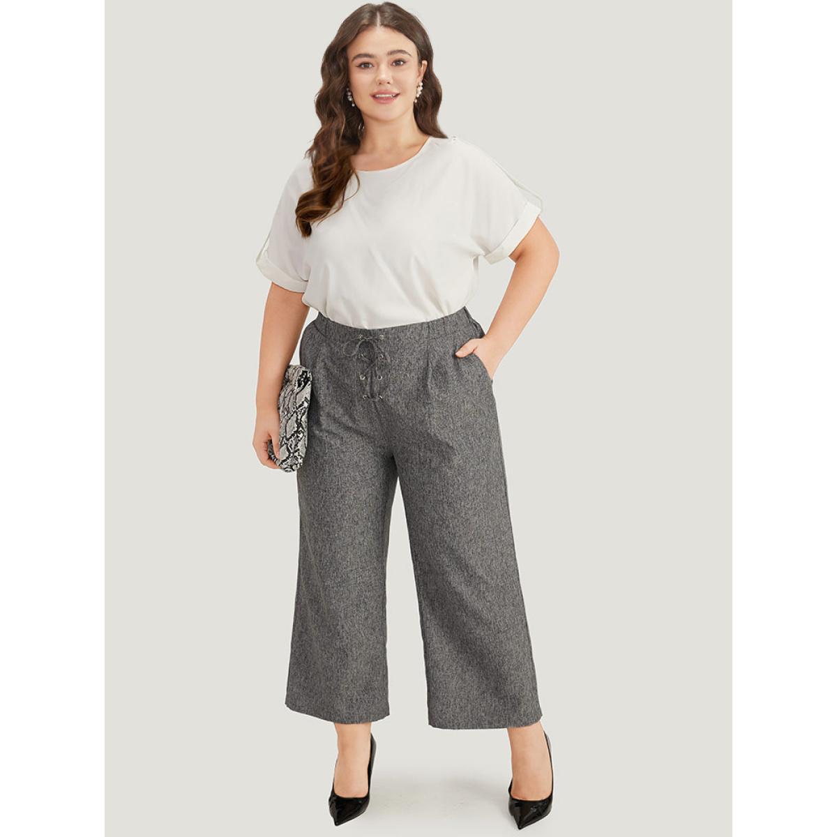 Plus Size Plain Lace Up Pleated Straight Leg Pants Women Gray Office Straight Leg High Rise Work Pants BloomChic 14-16/1X Product Image
