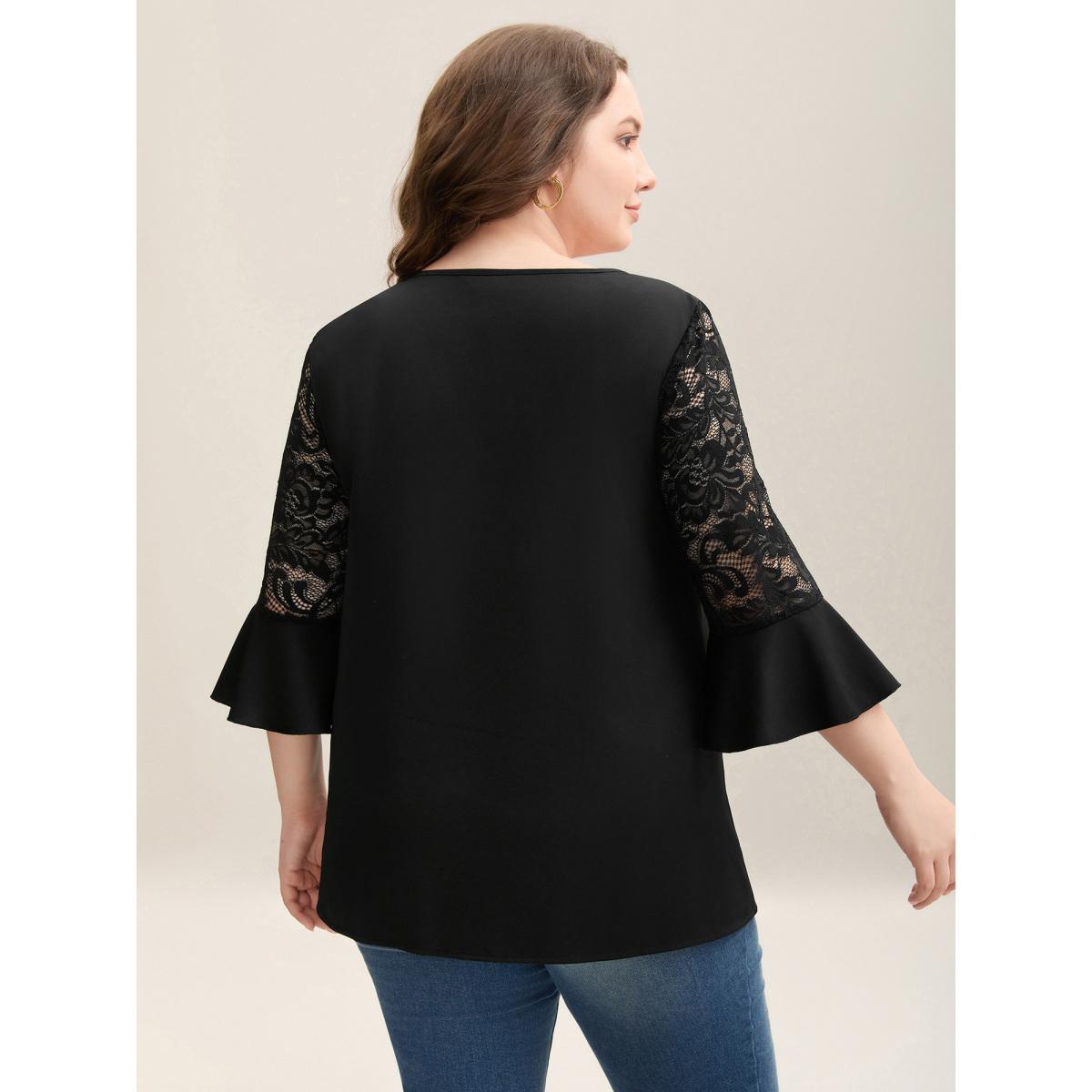 Plus Size Black Lace Sleeve Neck Tie Flared Blouse Women Elegant Elbow-length sleeve Round Neck Everyday Blouses BloomChic 18-20/2X Product Image